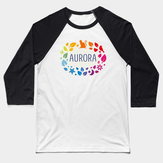 Aurora name with colorful leaves Baseball T-Shirt by WildMeART